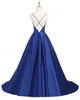 Sexig satin en linje långa kvällsklänningar Royal Blue Halter Neck aftonklänningar Prom Dress Robe de Soiree Chiffon aftonklänningar