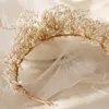 Pageant Crown Wedding Bridal Tiara Freshwater Pearl Headband Crystal Rhinestone Hair Accessories Jewelry Band Ornament Gold Headdress Piece