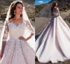 Newest Elegant Ball Gown Wedding Dresses Sheer Neck 3/4 Long Sleeves Appliques Tulle Satin Saudi Arabic Bridal Dress Vestidos De Mariee