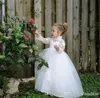 Blanc Ivoire Belle Princesse Robes De Fille De Fleur Col Haut 3/4 Manches Longues Illusion Dentelle À Volants Tulle Robes De Fête D'anniversaire Vestidos