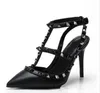 New fashio women high heels sandals wedding shoes Patent Leather rivets Sandals Women Studded Strappy Dress Shoes v high heel Shoes +box