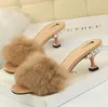 Fashion Elegant Women Slippers With Rabbit Fur Crystal high-heeled Women Sandals Luxury Design Elegant Shoe Free Shipping