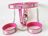 Dispositivi di castità Completo maschile Modello T Cintura di castità Dispositivo di cintura di castità rosa Set di fasce per cosce con gabbia in acciaio inossidabile #R32