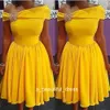 Bright Yellow A Line Homecoming Dresses with Sash Off Shoulder Bridesmaid Dress Ruched Short Cocktail Graduation Party Gowns GD7786