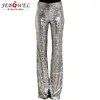 Sebowel lange wijde been pailletten broek vrouw glitter zilver zwart hoge taille broek voor vrouwelijke partij dans uitlopende benen broek 2019 y19070101