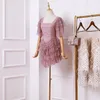 Розовое элегантное сетчатое многослойное платье с оборками в горошек, женские платья, сексуальное милое короткое летнее платье с короткими рукавами и открытой спиной в виде бабочки