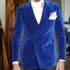 Mode op maat Mannen pak set voor bruiloft prom diner (jas + broek) blauw fluwelen heren pakken bruidegom beste man blazers kostuum homme