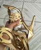 Livraison Gratuite 2019 Dames en cuir 11CM talon haut Chaussures habillées Sexy Gladiator T-talons évider découpe Genou bottes longues Couleur Or taille 35-42