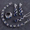 Zircão azul Prata 925 Conjuntos de Jóias de Casamento Mulheres Traje Pingente de Colar Anéis Pulseiras Brincos Com Pedras Set Caixa de Presente