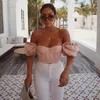 Women Summer Puff Sleeve Ruched Ruffles Square Collar Crop Tops Lady Navel Bare Bust Push Up Casual Pink Tee 2019 New