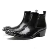 Spitzer Zehenreißverschluss High Heels Mann mit Metallspitze Reiten männliche Paty-Abschlussballschuhe Lackleder Alligator Herren Punk Rocker Stiefeletten