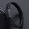 Mode manliga smycken flätat läderarmband handgjorda armband svart rostfritt stål magnetiska spännen män handled band presenter
