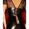 Сексуальные черные виниловые платья V-шеи без спинки, кожаные кожаные мокрые выглядят Clubwear Split Mesh Maxi платье прозрачное длинное ночное клубное платье