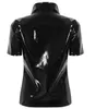 Unisex metallisk nyhet hipster pvc faux läder stå krage kort ärm front zip up t-shirt mode natt klubb toppar