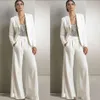 2019 Yeni Bling Sequins Fildişi Beyaz Pantolon Takım Elbise anne Gelin Elbiseler Resmi Şifon Smokin Kadın Parti Giyim Yeni Moda Mütevazı