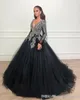 Afrikanische schwarze Ballkleid Abendkleider 2019 Formale Langarm tiefe V -Hals Luxus Perlenkristall Tüll arabische Promkleider Vestidos Vestidos