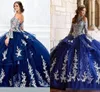 Azul marinho quinceanera vestidos longos poeta mangas halter sem costas rendas até appliqued festa de aniversário baile de formatura vestido feito sob encomenda