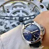 2020 Luxe automatische beweging 44 mm Watch Men Blue Dial Glass Back Leather Band Montre Homme2220239