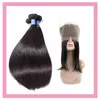 Indian Raw Virgin Human Hair 3 bundels met 360 kanten frontale voorgeplukte rechte bundels met sluitingen 4 stks