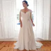Weilinsha Cheap Plus Size Wedding Dresses v neck Half Sleeves pleated beaded applique Lace Chiffon Bridal Gowns Custom Vestidos De Novia