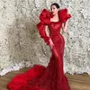 Evening dress Yousef aljasmi Kim kardashian Long sleeve One shoulder Red Ruffle Crystals loss Mermaid Zuhair murad Ziadnakad 0012