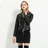 Frauen Leder Faux Ailegogo 2021 Frühling Frauen Pu Jacke Frau Zipper Gürtel Kurzmantel Weibliche Motorrad Schwarz Outwear1