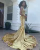 Gold Sexy Veet Prom Dresses Spaghetti Stems Plunging V Neck Beading Swead Mermaid Evening Party Glows Custom Made 0420