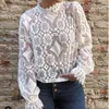Lace Crochet Hollow Out White Women Shirts Ruffles Long Sleeve Transparent Stand Collar Ladies Blouses 2019 Elegant Fashion Tops