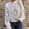 Lace Crochet Hollow Out White Women Shirts Ruffles Long Sleeve Transparent Stand Collar Ladies Blouses 2019 Elegant Fashion Tops