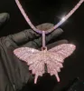 14K Iced Out Pink Butterfly Hänge Halsband Bling Bling Micro Pave Cubic Zirkon Hängande Julfest Smycken