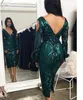 verde escuro mergulhando decote em v lantejoulas renda bainha comprimento chá vestidos de festa de manga comprida 6669570