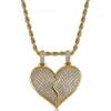 Collier pendentif demi-cœur pour homme or CZ Bling Bling pendentif Micro pavé zircon cubique diamants simulés bijoux Hip hop