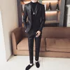 (Jas + Pant) PU Lederen Triple Button Business Casual Prom Blazers Koreaanse Pak Solid Black Slim Fit Hombre