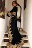 Arabic Dubai Sexy Black V Neck Evening Dresses Gold Appliques Long Sleeves High Side Split Prom Gowns Formal Dress Party Gowns