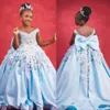 Lumière Bleu Ciel 2020 Demoiselles d'Honneur Robes de l'épaule 3D Floral Appliqued petite fille de mariage Robes enfants Pageant Robes Robes FG019