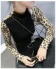 Patchwork Leopard Pullover Tshirt 2018 New Spring Autumn Women Sequined Bottoming Shirt Turtleneck T Shirts Clothes T91801