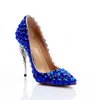 Elegant Royal Blue Bridal Wedding Shoes Ankle Strappy Crystal High Heel Shoes Rhinestone Sparkling Wedding Nightclub Princess 261h