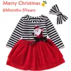 Kleinkind-Baby-Weihnachten Sankt Gestreifte Print Tüll mit langen Ärmeln Kleid + Stirnband Outfits Set