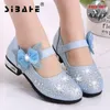 Taille 26-36 filles chaussures princesse fête de mariage enfant chaussures en cuir strass paillettes enfants rose nœud papillon chaussures à talons bas noël