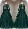 Green Tulle Dark A Line Evening New Arabe Sleeves Lace Applique Musulman Long Formal Prom Prom Wear Robes Robe de Mariee Rabic Pplique