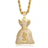 Collana con pendente a forma di sacchetto di denaro con simbolo del dollaro ghiacciato 14K Pendenti a catena in oro da uomo con catena di corda da 3 mm Rapper Singer Jewelry