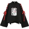 Abbigliamento da donna all'ingrosso-estivo Anime Fox stampata con nastro incrociato T-shirt da ragazza da donna Harajuku Primavera Felpa con cappuccio in cotone nero con gonna