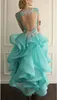 2018 Prachtige Kralen Hoge Low Turquoise Kant Prom Sheer Backless Cascading Ruches Organza Short Front Long Back Party Avondjurken