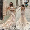 2019 New Champagne Julie Vino Wedding Dresses Off Shoulder Deep Plunging Neckline Bridal Gowns Sweep Train Lace Wedding Dress Custom Made