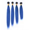 # 1b / blå ombre rakt peruanskt mänskligt hår väv med stängning 4budlar mörkblå ombre svart rötter Virgin hår weft med 4x4 spets stängning