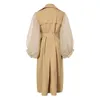 GETSRING femmes Trench manteau kaki coton coupe-vent lanterne manches épissé Double boutonnage manteau à lacets mince Long pardessus