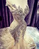 Champagne Wedding Dresses Lace Crystal Beads Sequin Sweep Train Jewel Neck Mermaid Wedding Dress Real Picture Cap Sleeve Luxury Br256f