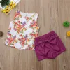 Jolis enfants infantile bébé filles Floral été ensembles sans manches fleurs barboteuse gilet hauts taille élastique nœud Shorts 2 pièces tenues 0-5Y