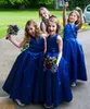 Koningsblauwe bloem meisje jurk vloer lengte baljurk handgemaakte bloem satijn mooie meisjes bruiloft feestjes aangepaste grootte
