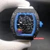 Men de haut niveau Men039s Watch Black Carbone Fibre Case Watchs Face Hollow Face Watch Rubber Strap Automatic Mécanique Wristwatch5555255